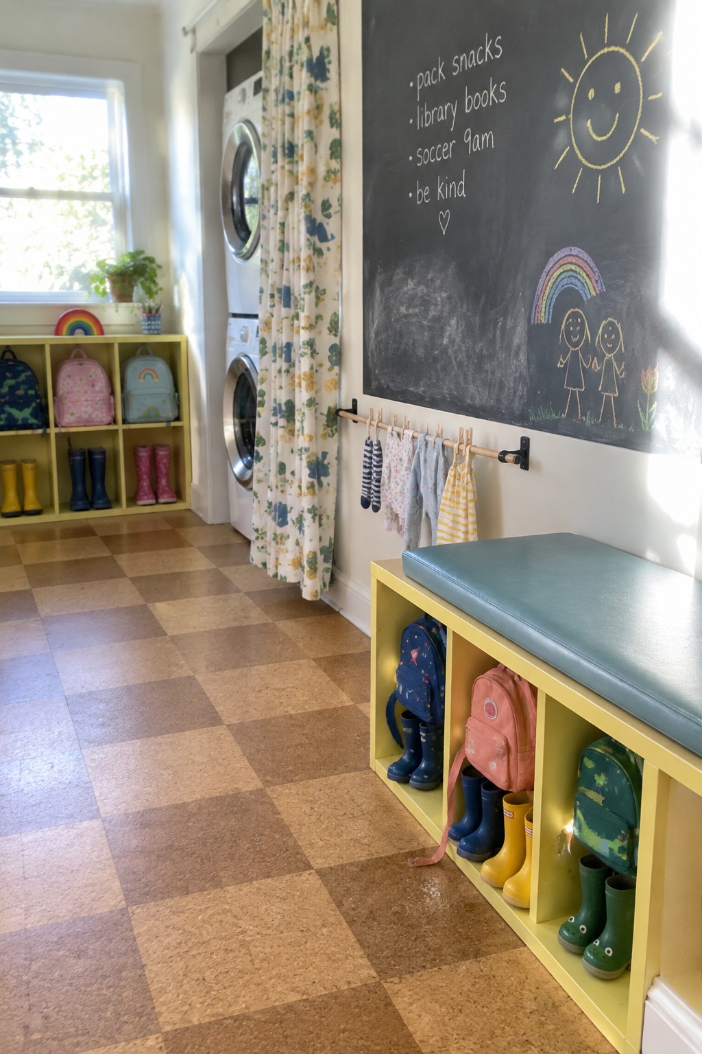 A bright mudroom interior with a long yellow storage bench holding colorful backpacks and rain boots, a chalkboard above it, stacked washing machines, and a window on the left.