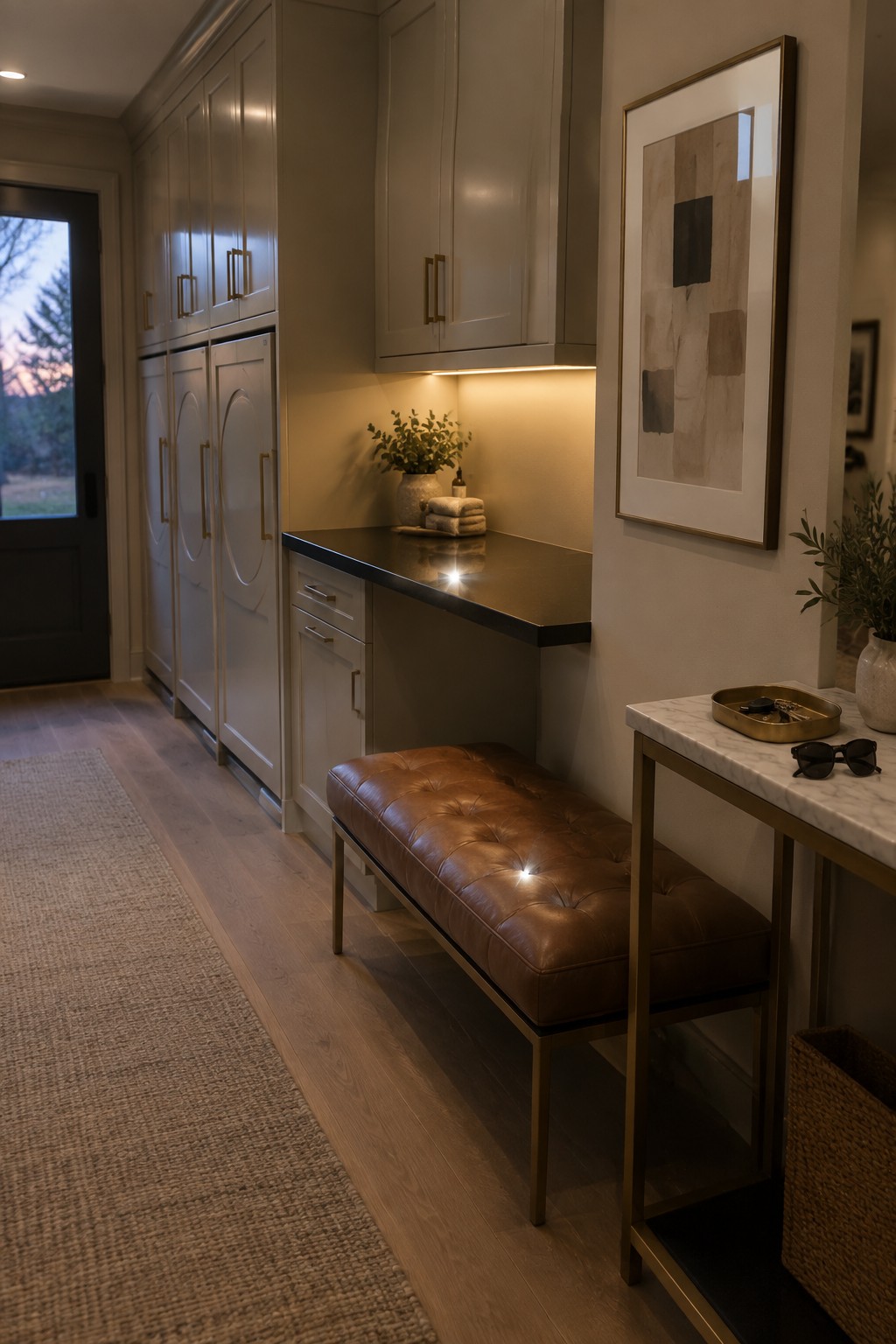 A narrow mudroom with white cabinetry, a black countertop, a brown leather bench, and under-cabinet lighting illuminating a small plant and folded items.