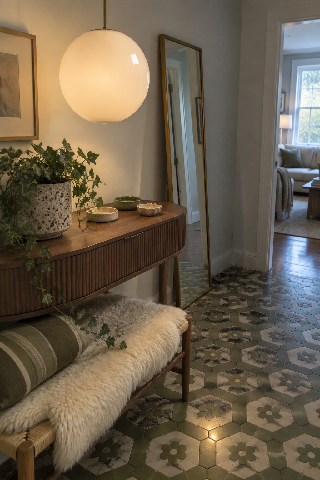 A large white spherical pendant light hangs above a wooden console table with a potted plant and small bowls, next to a tall mirror in a tiled entryway.