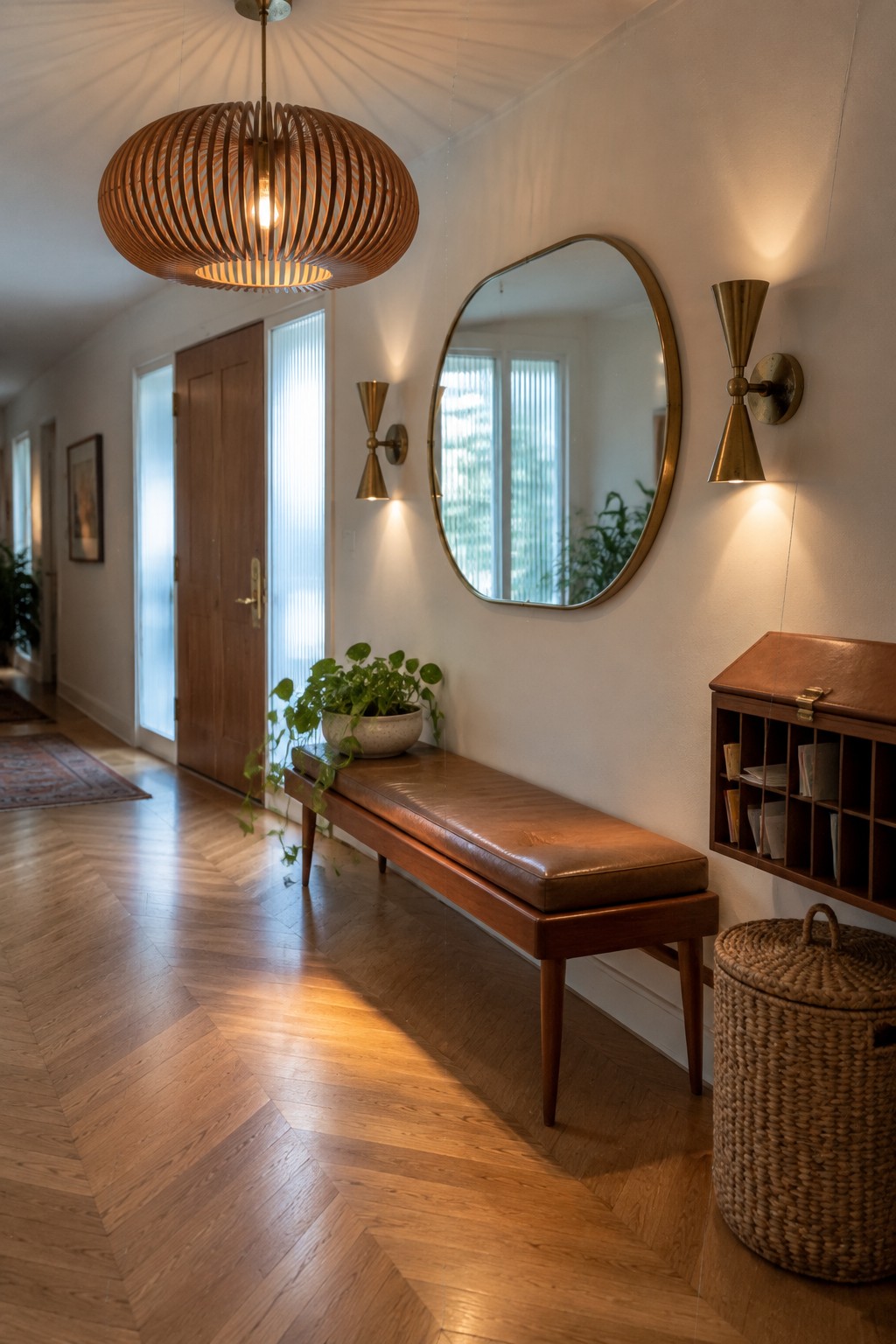 A mid-century style entry hallway with a large wooden pendant light, leather bench, round mirror, wall sconces, and wood flooring.
