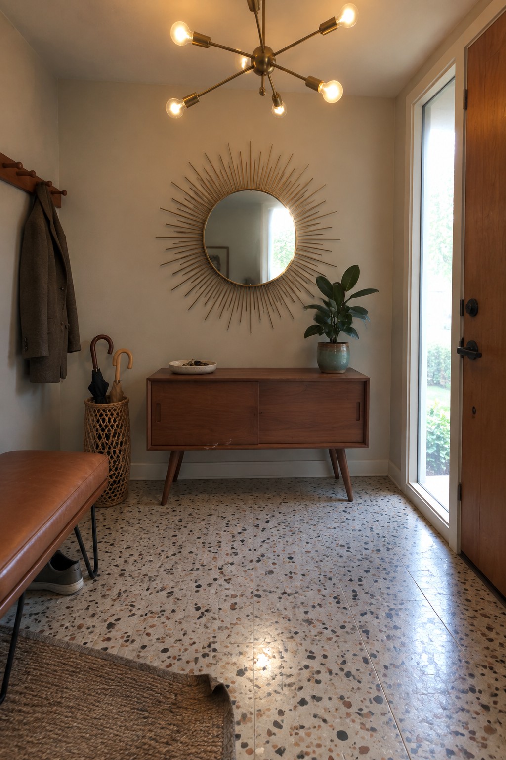 A modern sputnik chandelier hangs above a wooden console table in a home entryway with a sunburst mirror on the wall and terrazzo flooring.