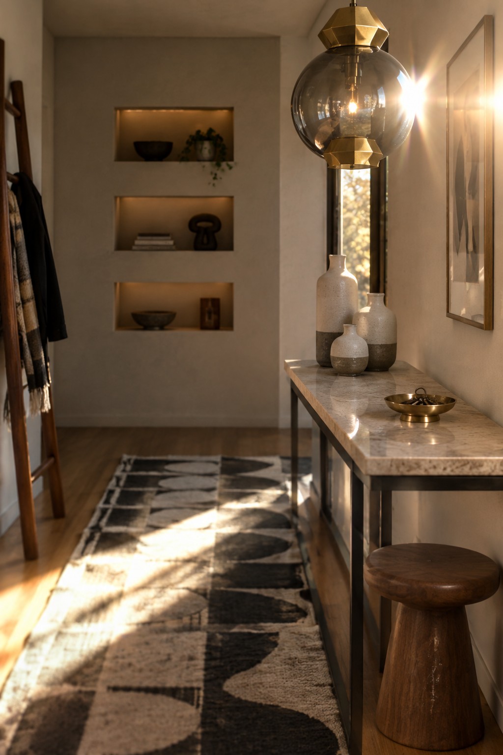 A modern interior hallway with a large spherical glass pendant light above a marble console table, wooden stool, and patterned runner rug.