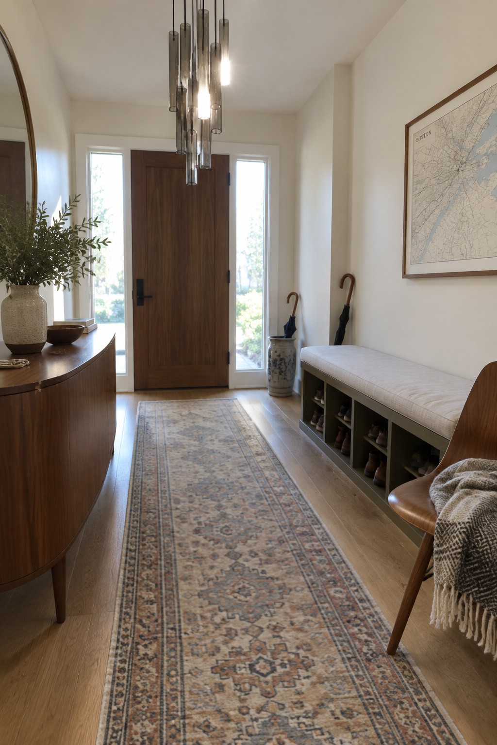Modern entryway with patterned runner rug, wooden shoe bench, and glass chandelier