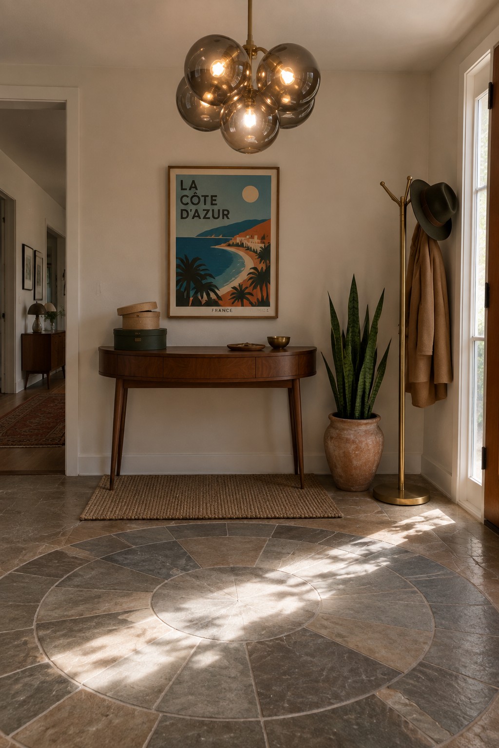 A brass chandelier with multiple smoky glass orbs hangs above a wooden console table in a tiled entryway with a large framed poster on the wall.