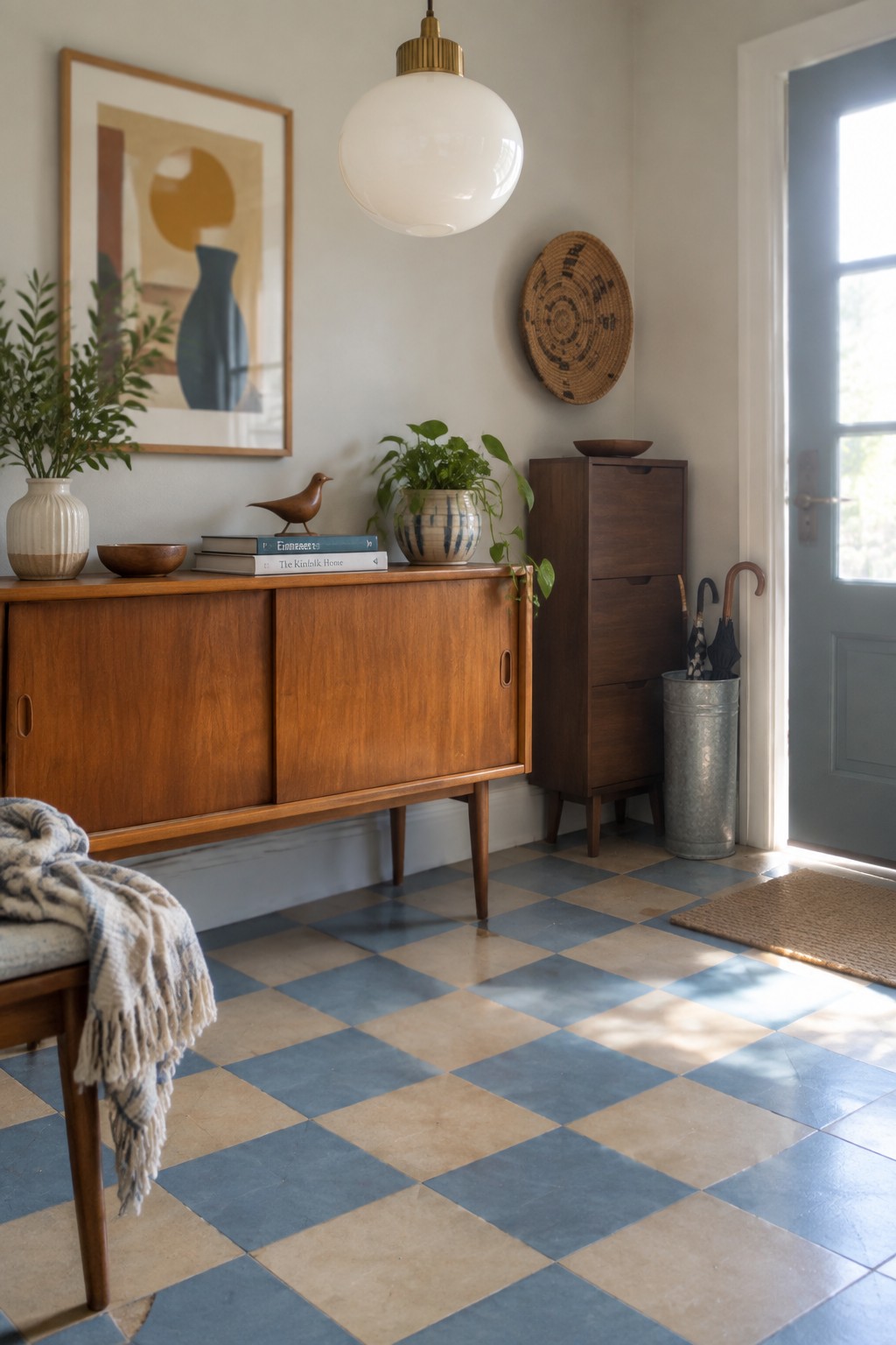 A mid-century entryway with a large white globe pendant light above a wooden sideboard, blue and beige checkered tile floor, and a blue door on the right.
