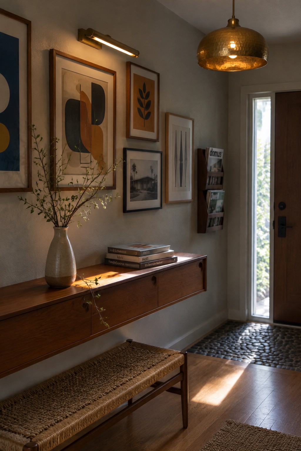 Modern entryway with floating wood console, woven bench, brass pendant light, and art gallery wall