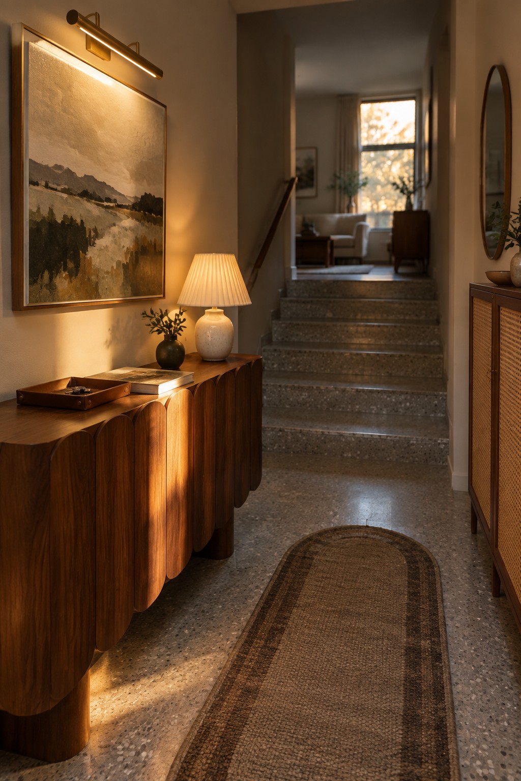 Warmly lit wooden console with lamp and painting beside staircase in hallway