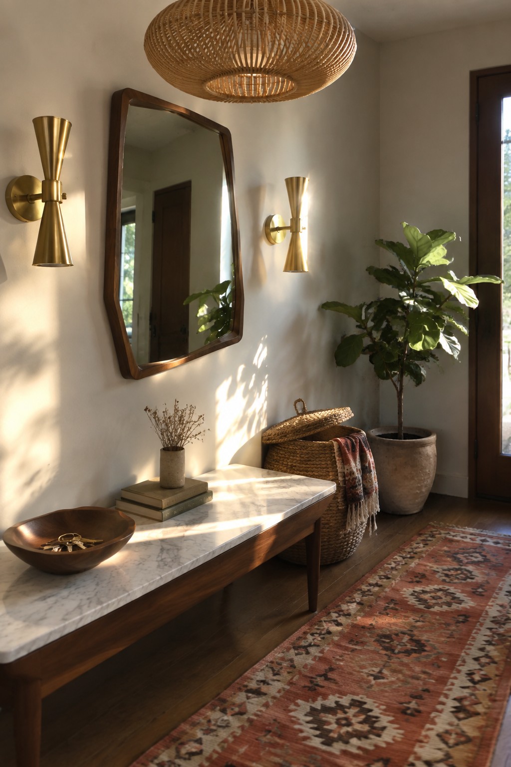 Sunlit foyer with marble console, wooden mirror, brass sconces, basket, and plant