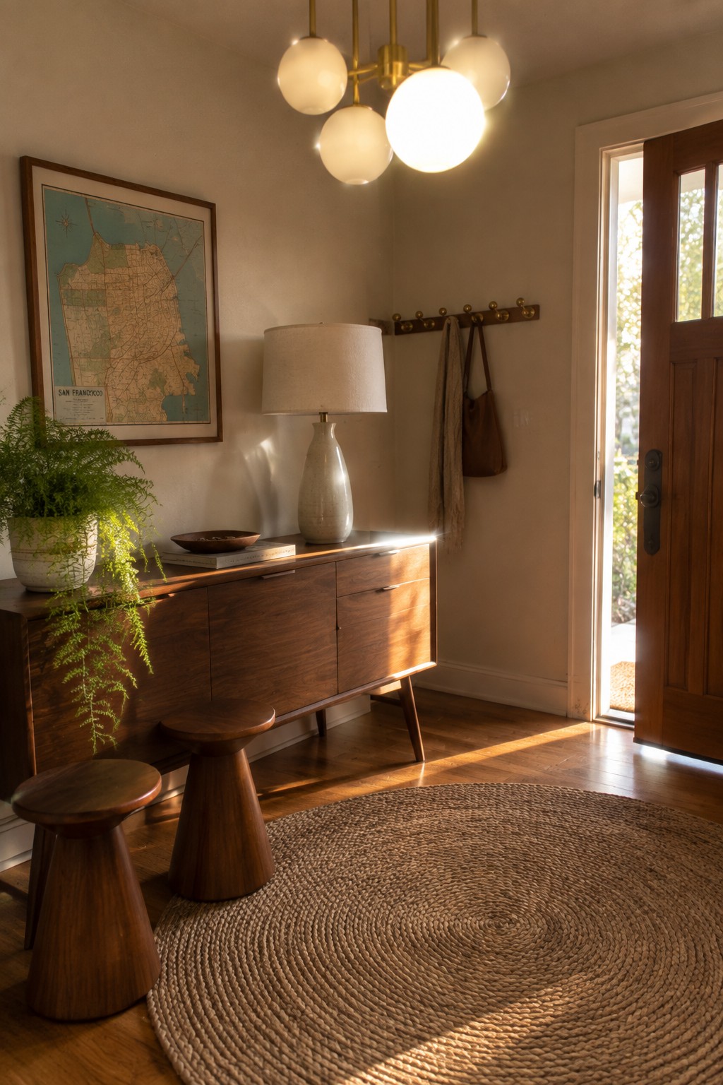 Mid-century entryway with wooden console, globe chandelier, stools, and round jute rug