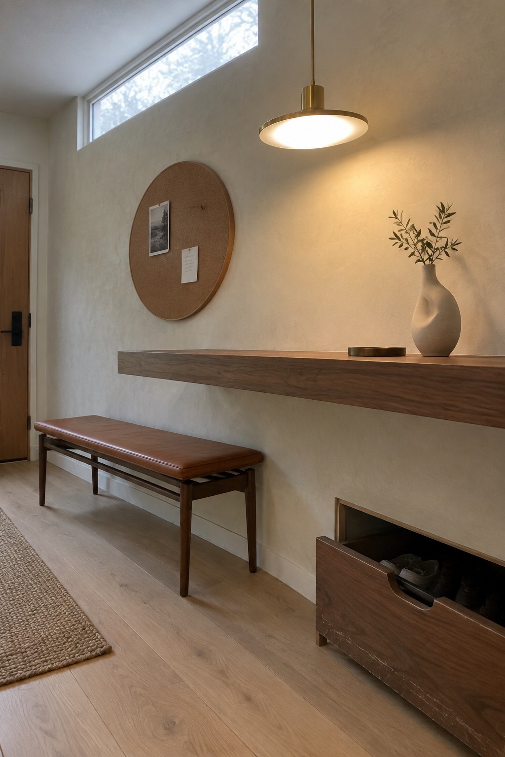 An interior entry area with a floating wood shelf, brown leather bench, round cork board on the wall, brass pendant light, and a built-in shoe drawer below the shelf.