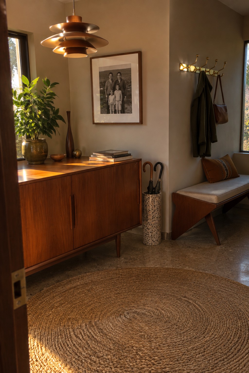 Mid-century foyer with wooden credenza, layered pendant lamp, family photo, coat rack, and jute rug