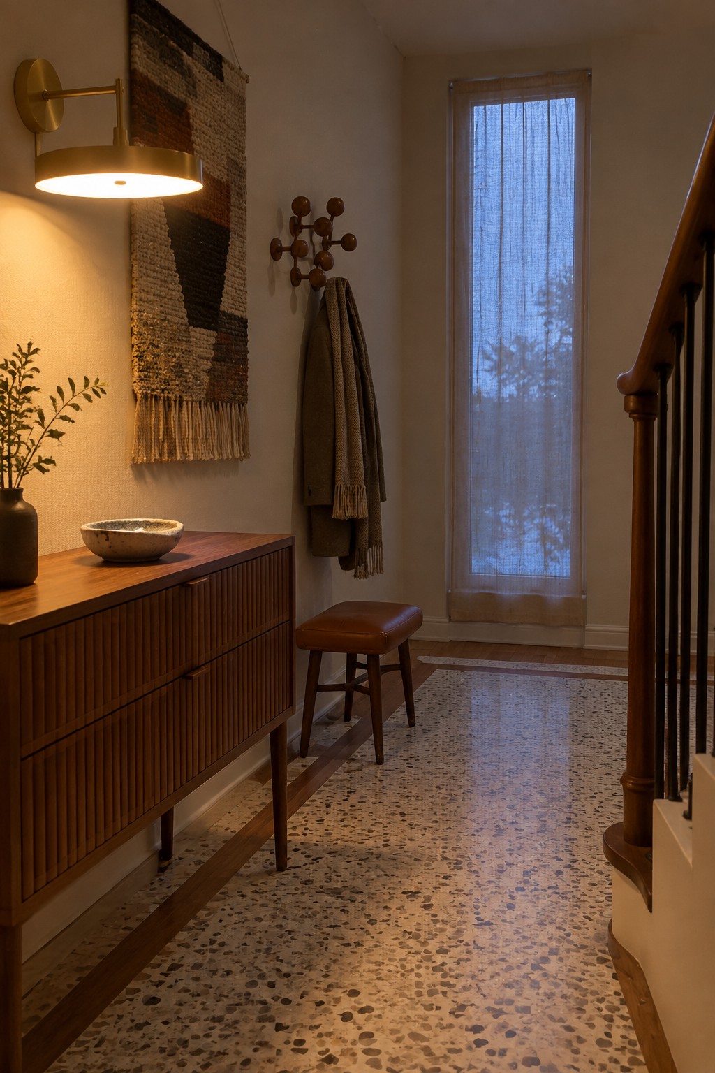 A mid-century style entry hallway with a brass wall sconce above a wooden console table, a woven wall hanging, a brown leather stool, and a tall window with sheer curtains.