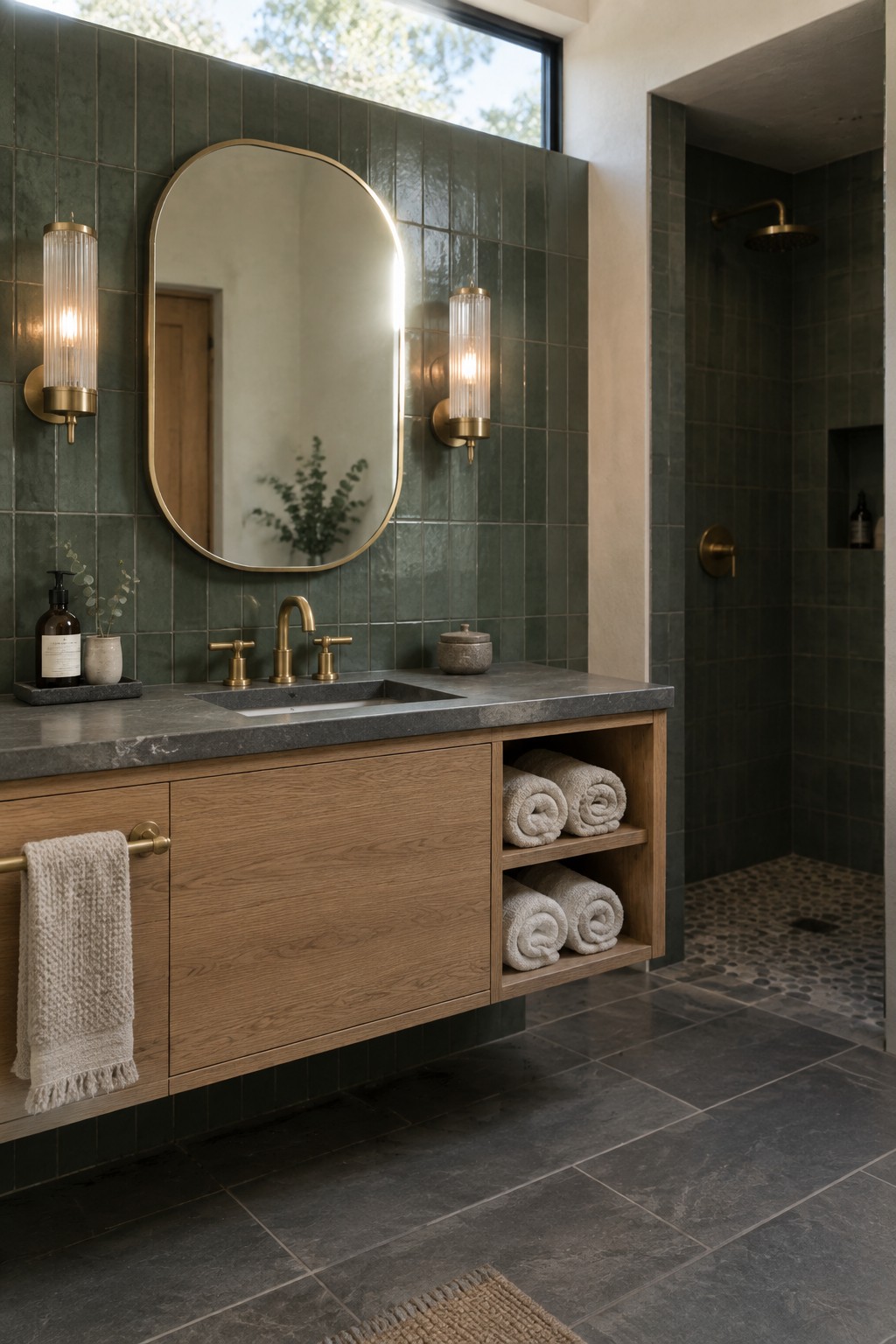 A bathroom interior with a dark green tiled wall, oval mirror centered between two vertical brass and glass sconces, and a floating wood vanity with gray stone countertop.