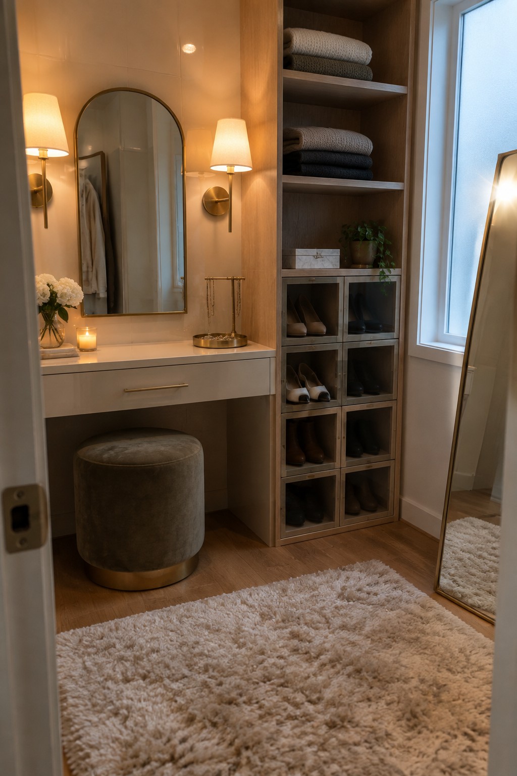 A compact vanity area with a white desk, arched mirror centered between two wall sconces with white shades, a gray upholstered stool underneath, and built-in wood shelves holding folded towels and shoes.