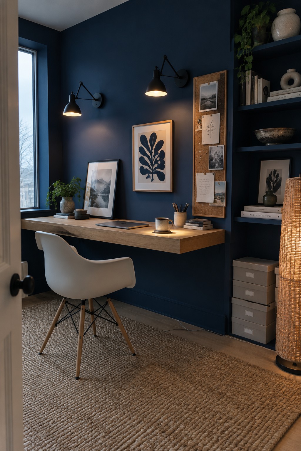 A home office featuring a floating wooden desk on a dark blue wall with two black wall sconces, a white molded chair, framed artwork, and a corkboard with papers and photos.