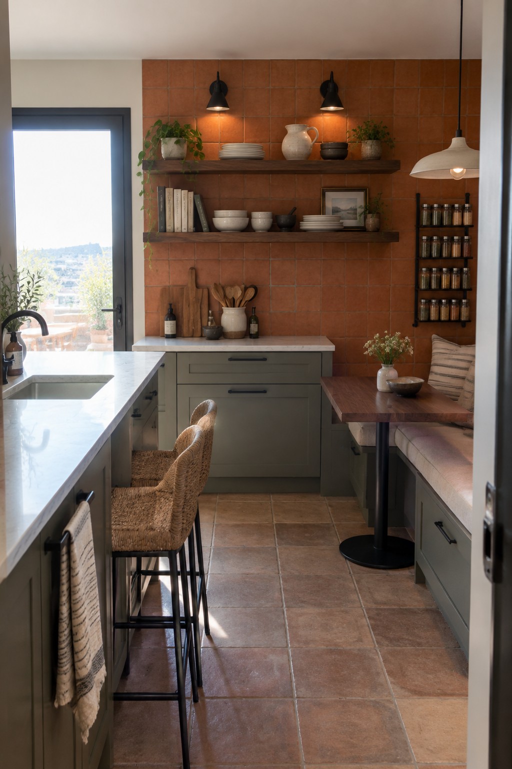 Kitchen interior showing a terracotta tiled accent wall with two black wall sconces above wooden floating shelves, a white countertop, and a built-in bench with a small table.