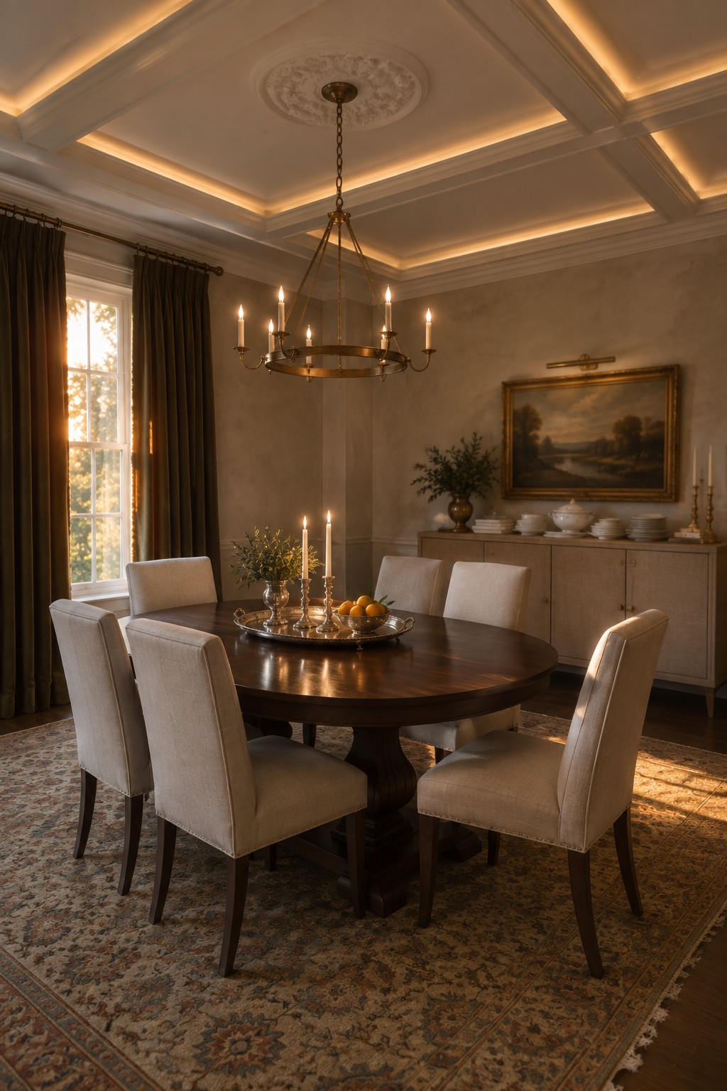 A formal dining room with a round dark wood table, six upholstered chairs, a brass chandelier, and warm cove lighting glowing along the perimeter of the coffered ceiling.