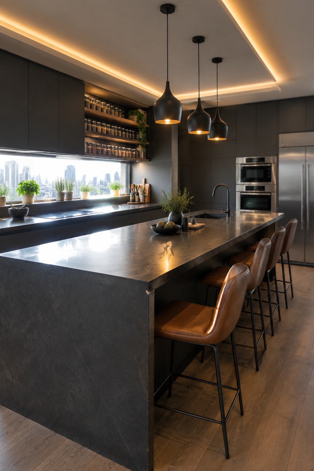 A modern kitchen interior featuring a large dark stone island with brown leather bar stools, three black pendant lights, dark cabinetry, open shelving with jars, and warm cove lighting recessed along the ceiling edges with a city view in the background.