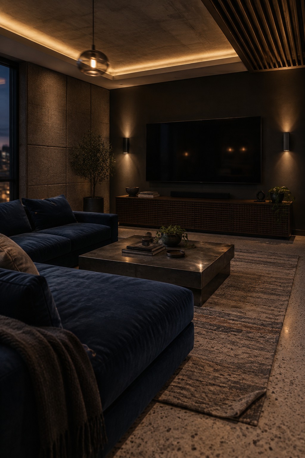 A living room with dark blue velvet sofas, a metal coffee table on a patterned rug, a wall-mounted television above a wooden console, and warm cove lighting glowing along the edges of a textured concrete ceiling.