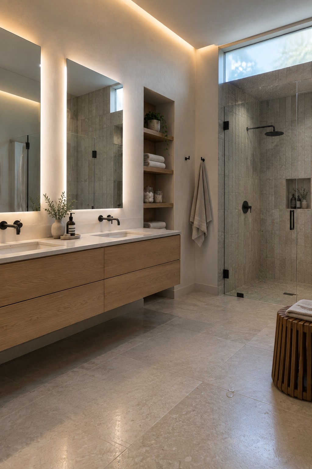 A modern bathroom featuring a long floating wood vanity with two sinks, backlit mirrors, open shelving, and a glass-enclosed shower with gray tile.