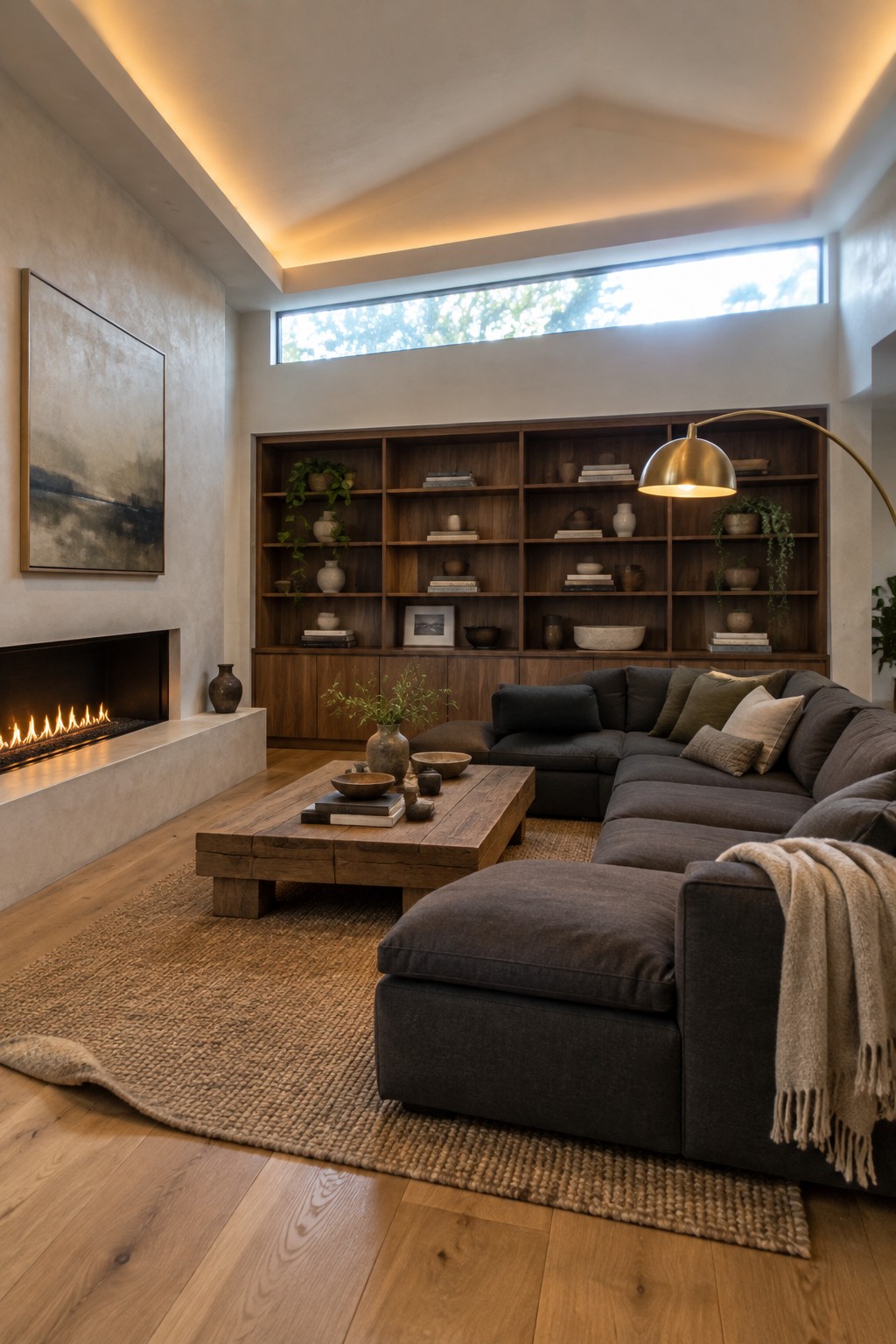 A living room with a high vaulted ceiling lit by warm cove lighting, a large sectional sofa, built-in wooden shelves, and a fireplace on the left wall.