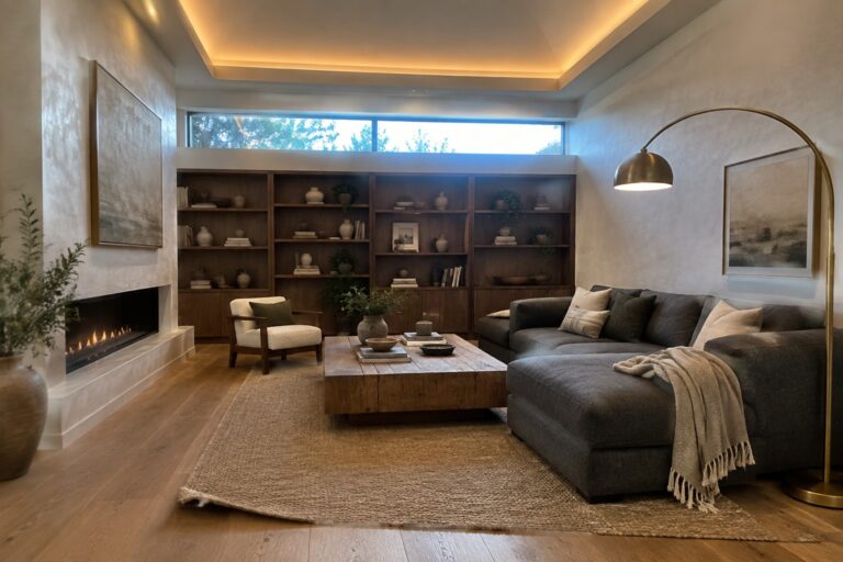 A living room with a high vaulted ceiling lit by warm cove lighting, a large sectional sofa, built-in wooden shelves, and a fireplace on the left wall.