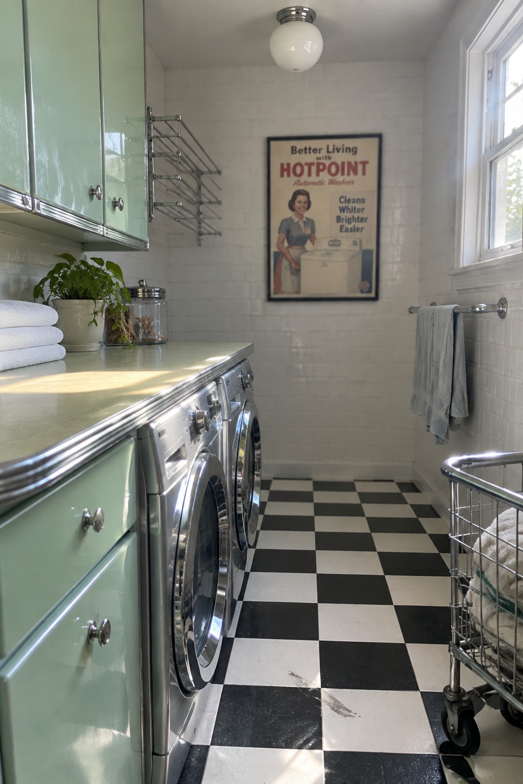 A narrow laundry room with mint green cabinets, two stainless steel front-loading washers, black and white checkered tile floor, and a white globe flush mount ceiling light.