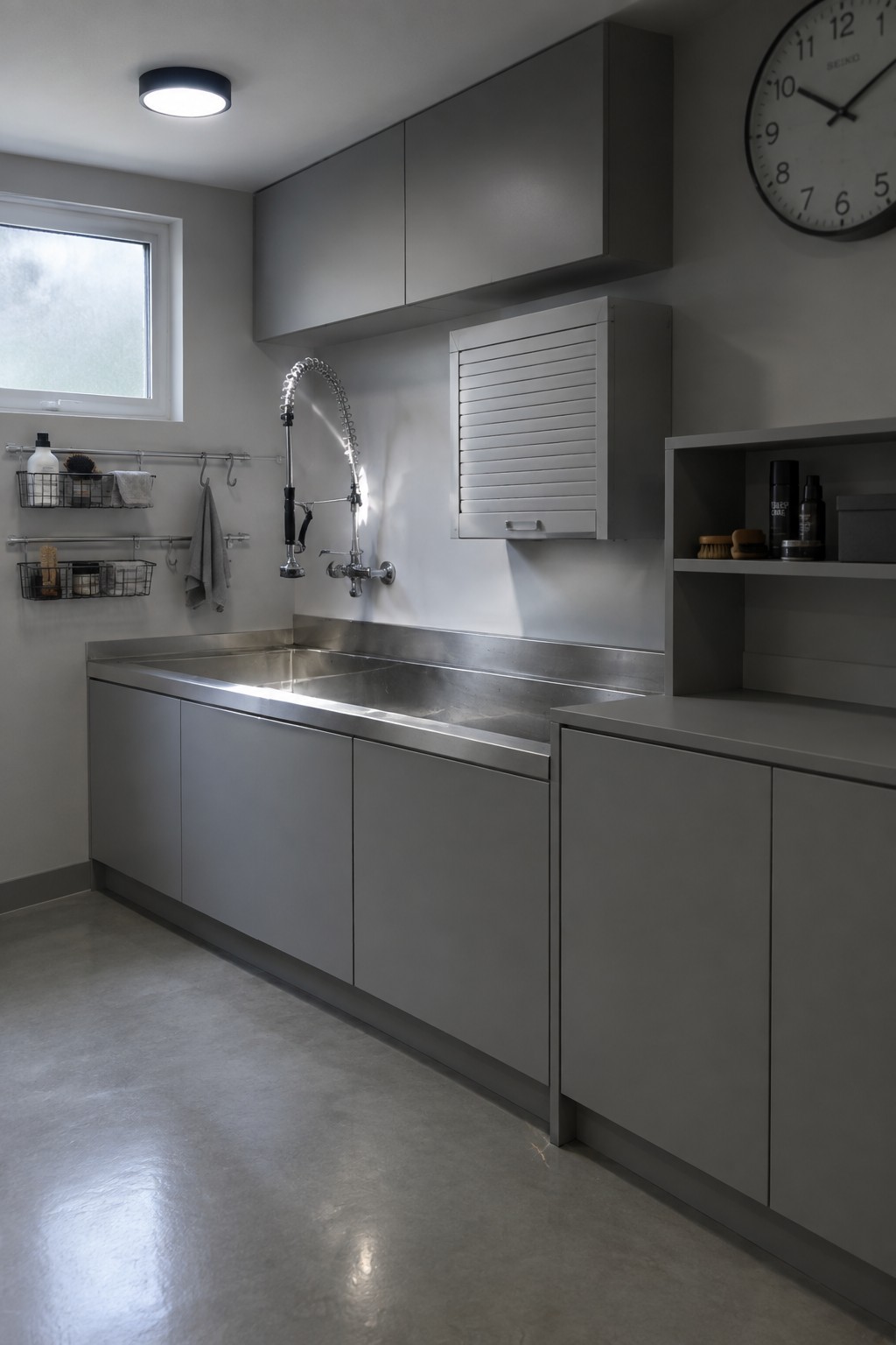 A laundry room with gray lower cabinets, a stainless steel double sink, a round flush mount ceiling light, and wall-mounted storage baskets and hooks.