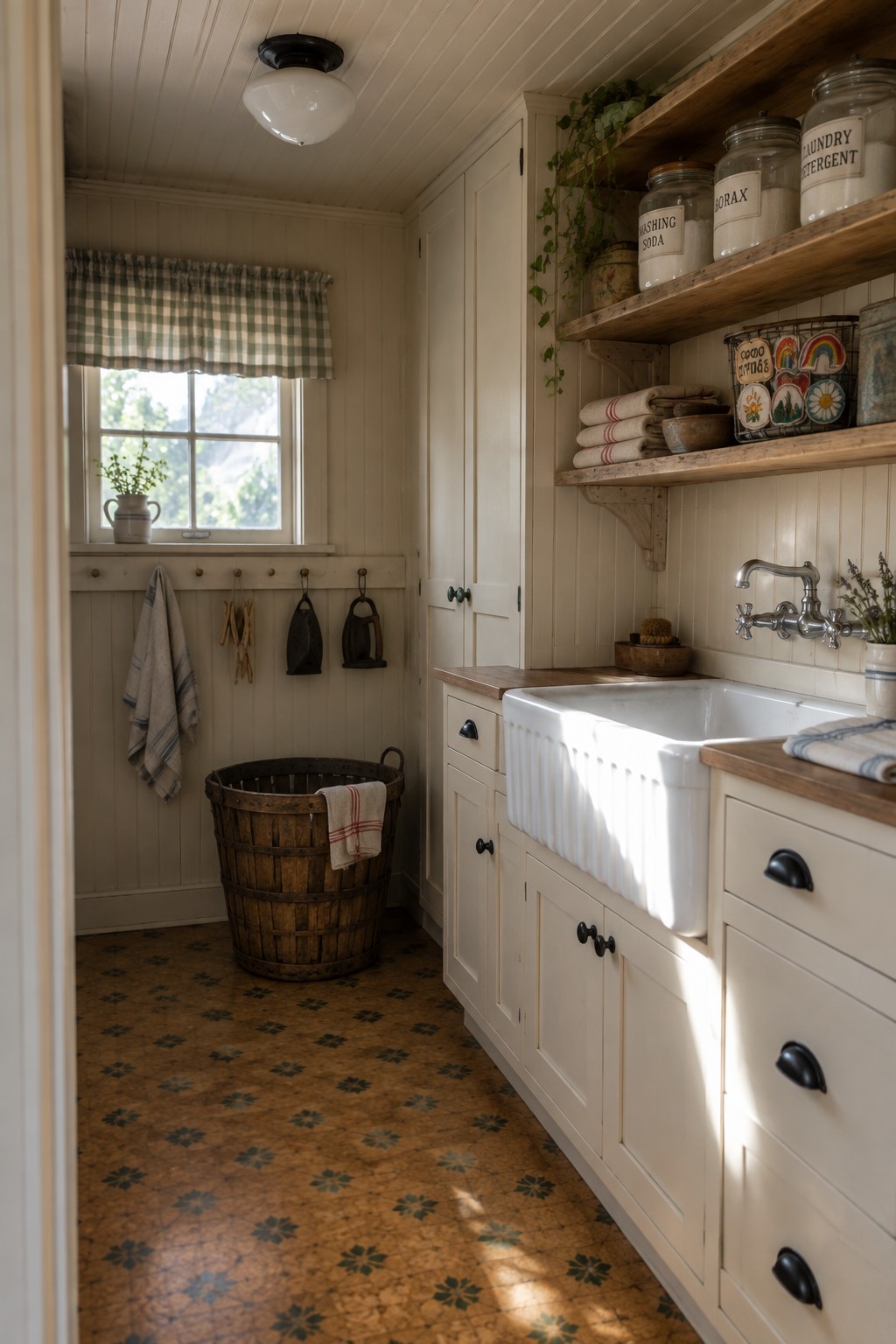 A laundry room interior with white cabinets, a farmhouse sink, wooden open shelves holding jars and towels, and a flush mount ceiling light.