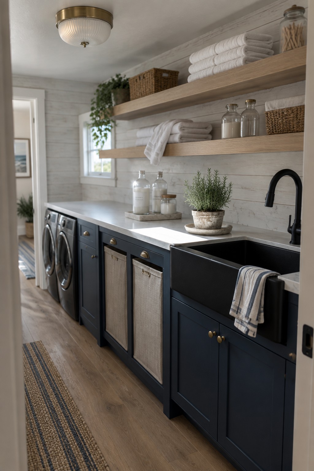 A laundry room featuring dark navy cabinets, a black farmhouse sink, light wood open shelves with folded towels and baskets, and a round flush mount ceiling light with a brass rim above a white countertop.