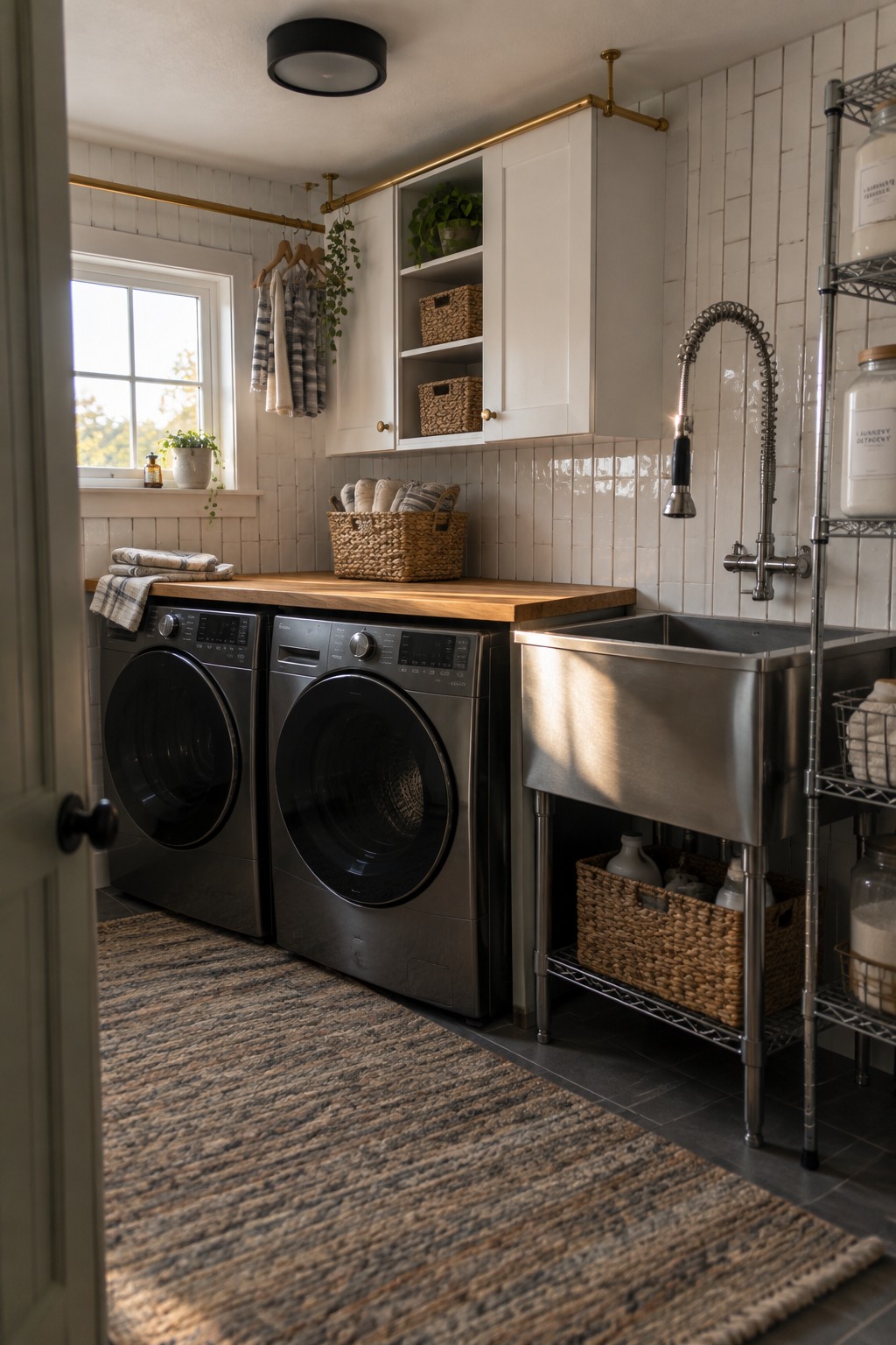 Modern laundry room with two gray washers, wooden counter, stainless sink, and woven baskets.