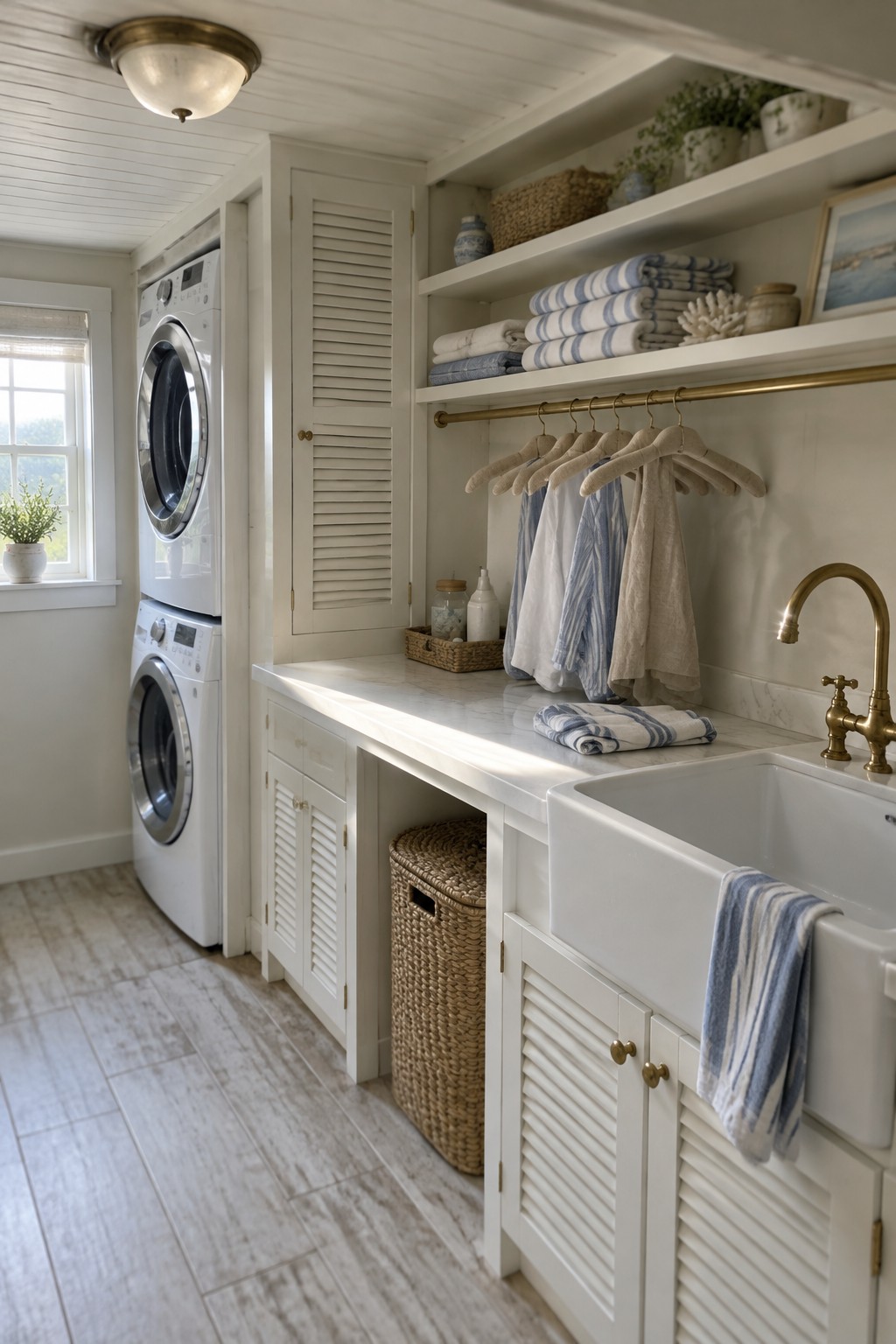A laundry room with stacked white washers, a farmhouse sink, open shelving, and a flush mount ceiling light on a white beadboard ceiling.