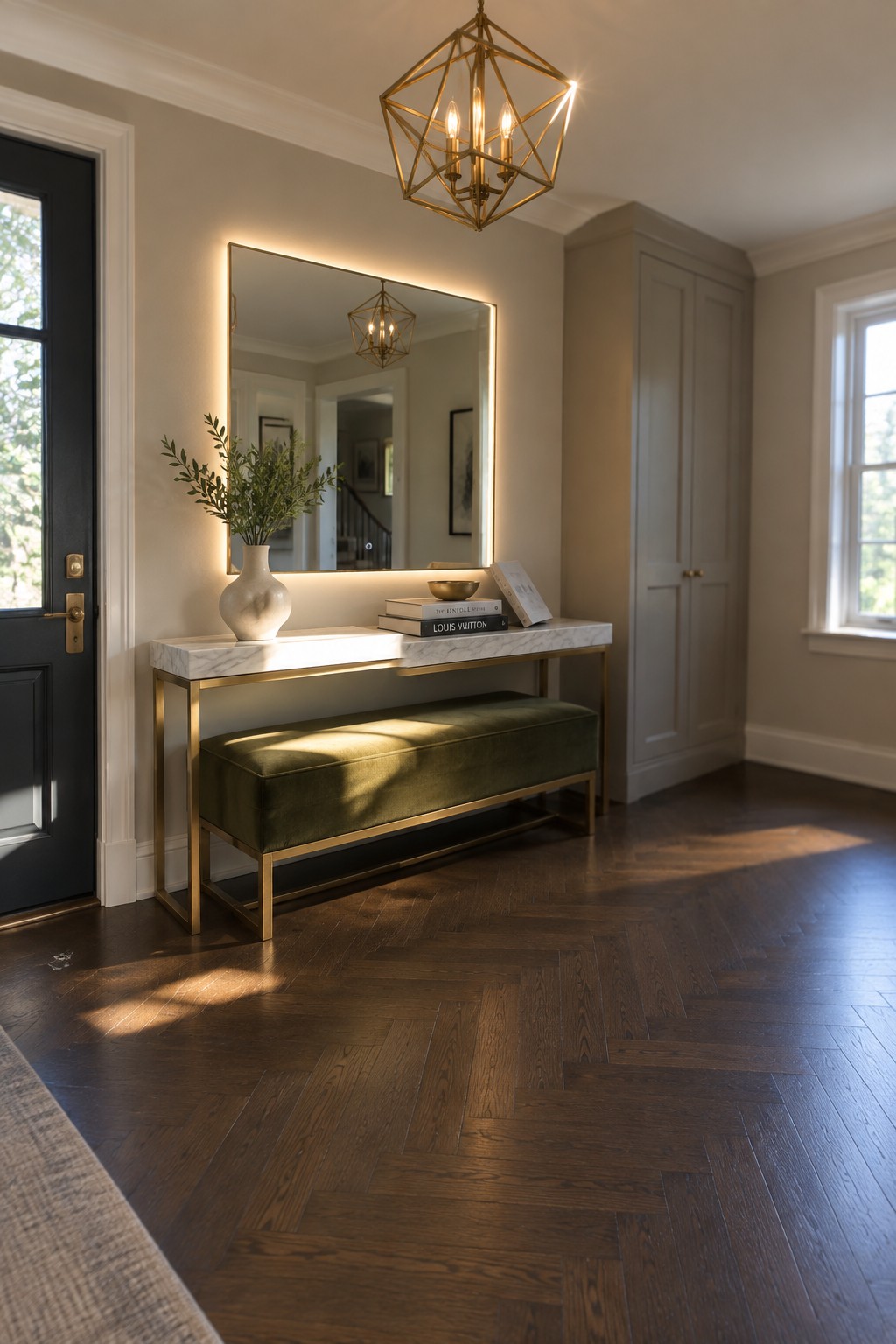 A foyer interior showing a gold geometric chandelier above a marble-top console table with a green upholstered bench beneath it and a large backlit mirror on the wall.