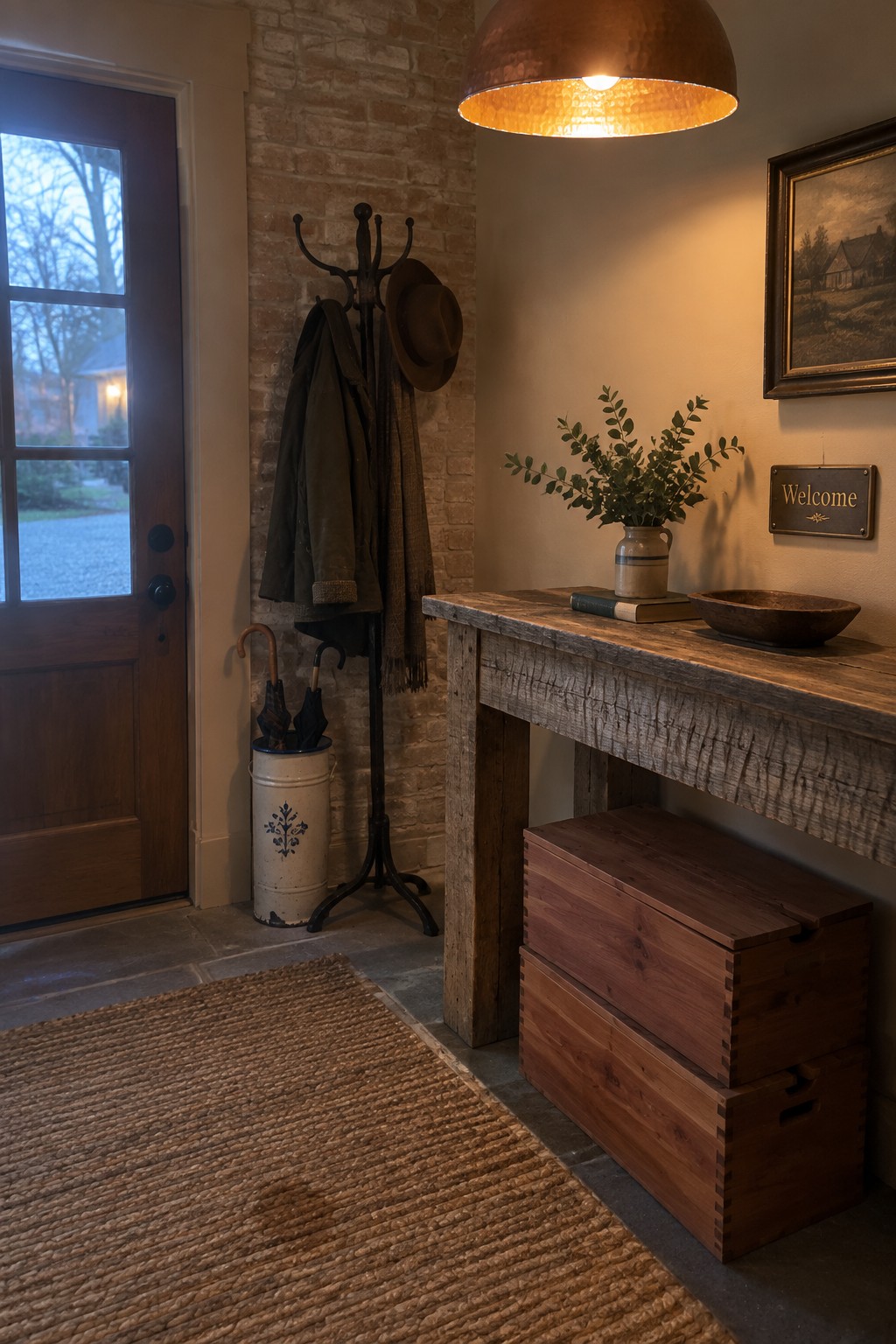 Rustic entryway with coat rack, wooden console table, woven rug, and copper pendant light.