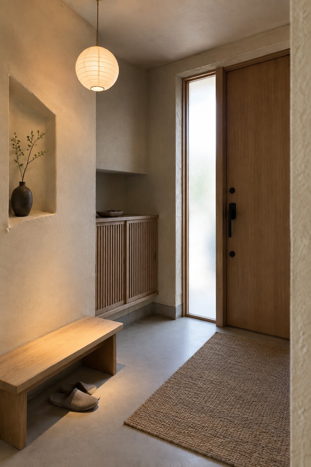 A small entryway with a round paper lantern pendant light, wooden bench, slatted cabinet, wall niche with vase, and wooden front door with glass panel.