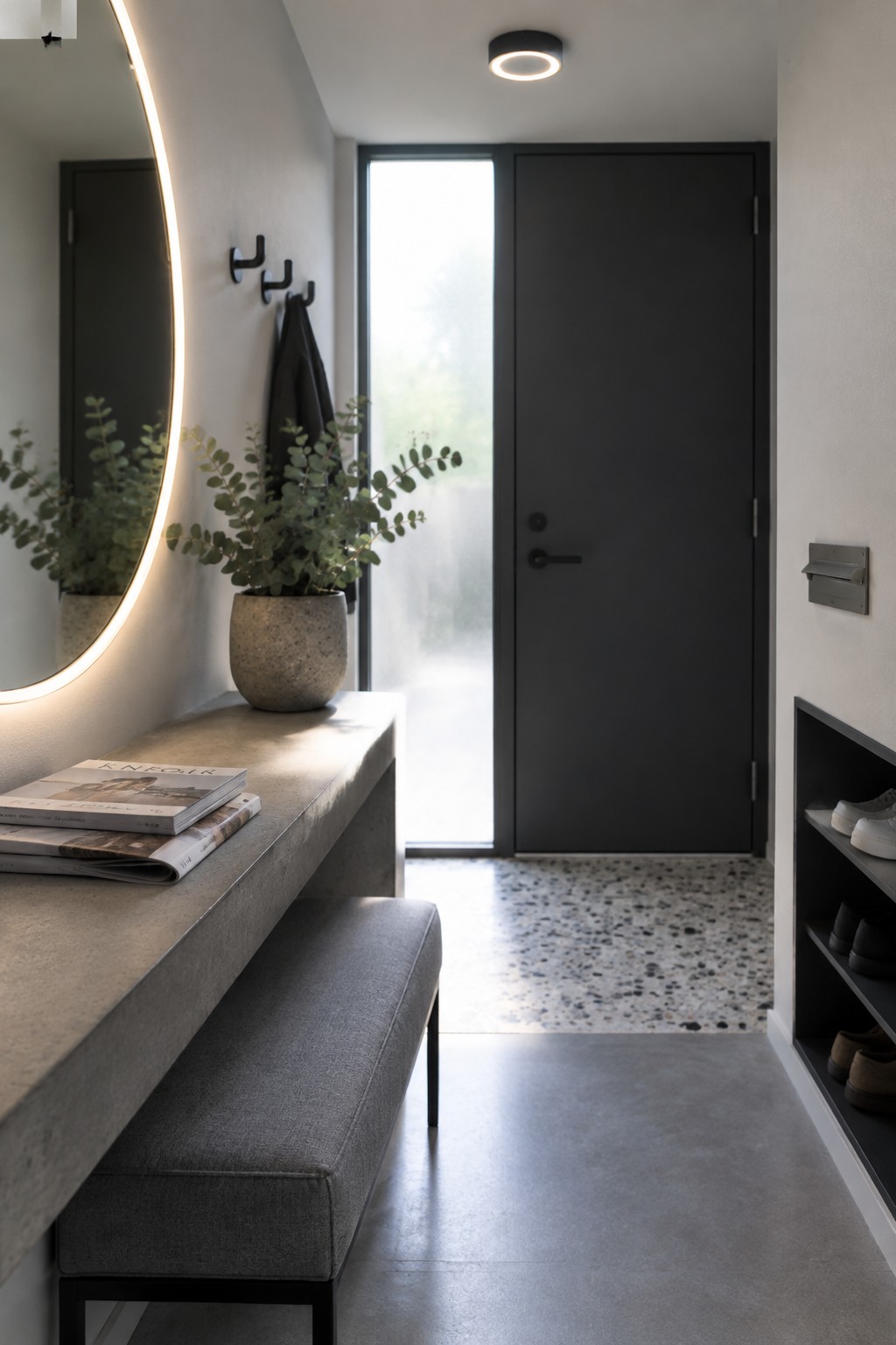 A narrow modern entryway with a large round backlit mirror above a concrete bench, a potted plant, stacked magazines, wall hooks, a dark door, and terrazzo flooring.