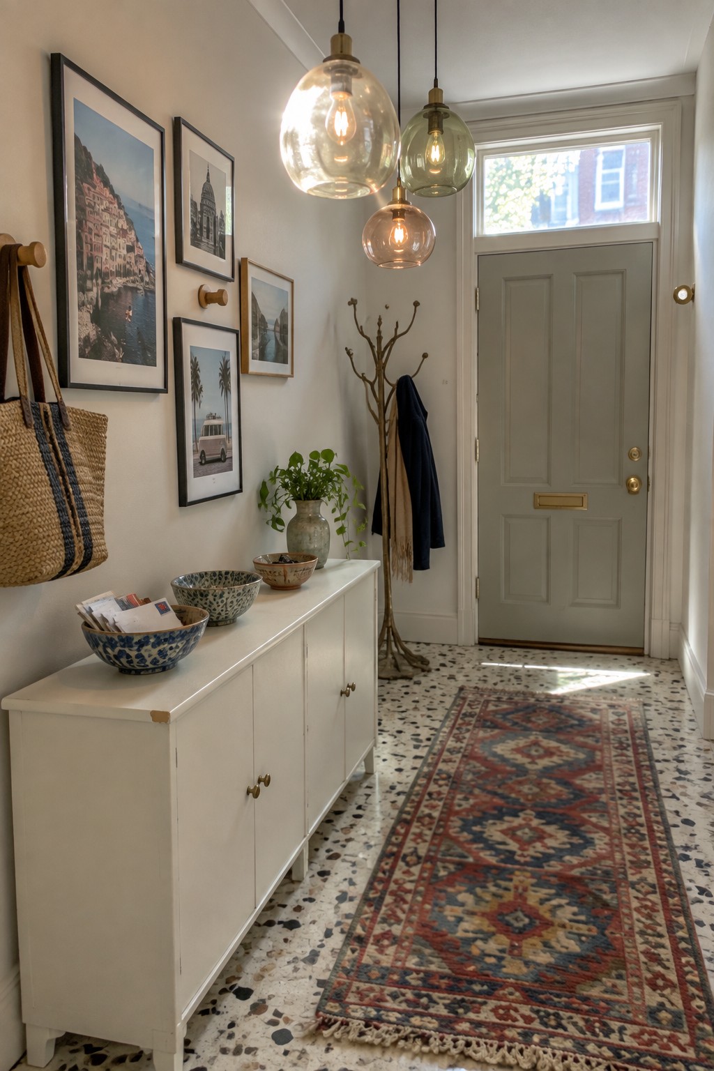 A narrow interior entryway with three glass pendant lights hanging at different heights above a terrazzo floor, next to a white console and a gray door.