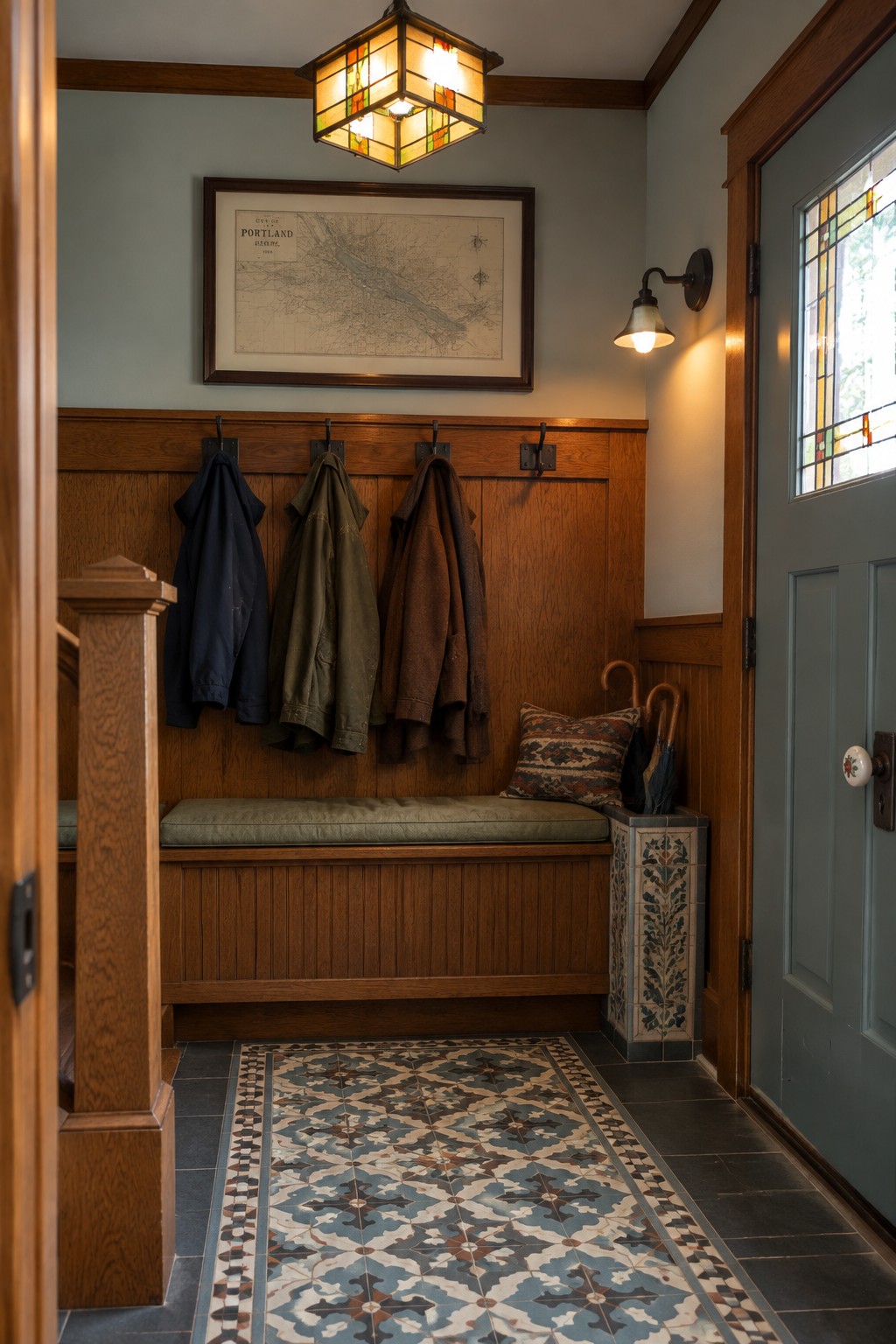 Cozy mudroom with wooden bench, hanging coats, patterned tile floor, and stained glass light.