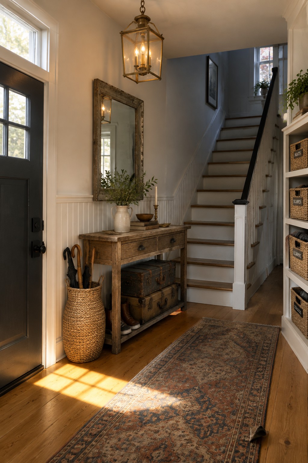 A narrow entryway features a wooden console table under a large mirror, a woven basket holding umbrellas, stacked trunks, and a hanging lantern light above a patterned rug, with a staircase visible to the right.