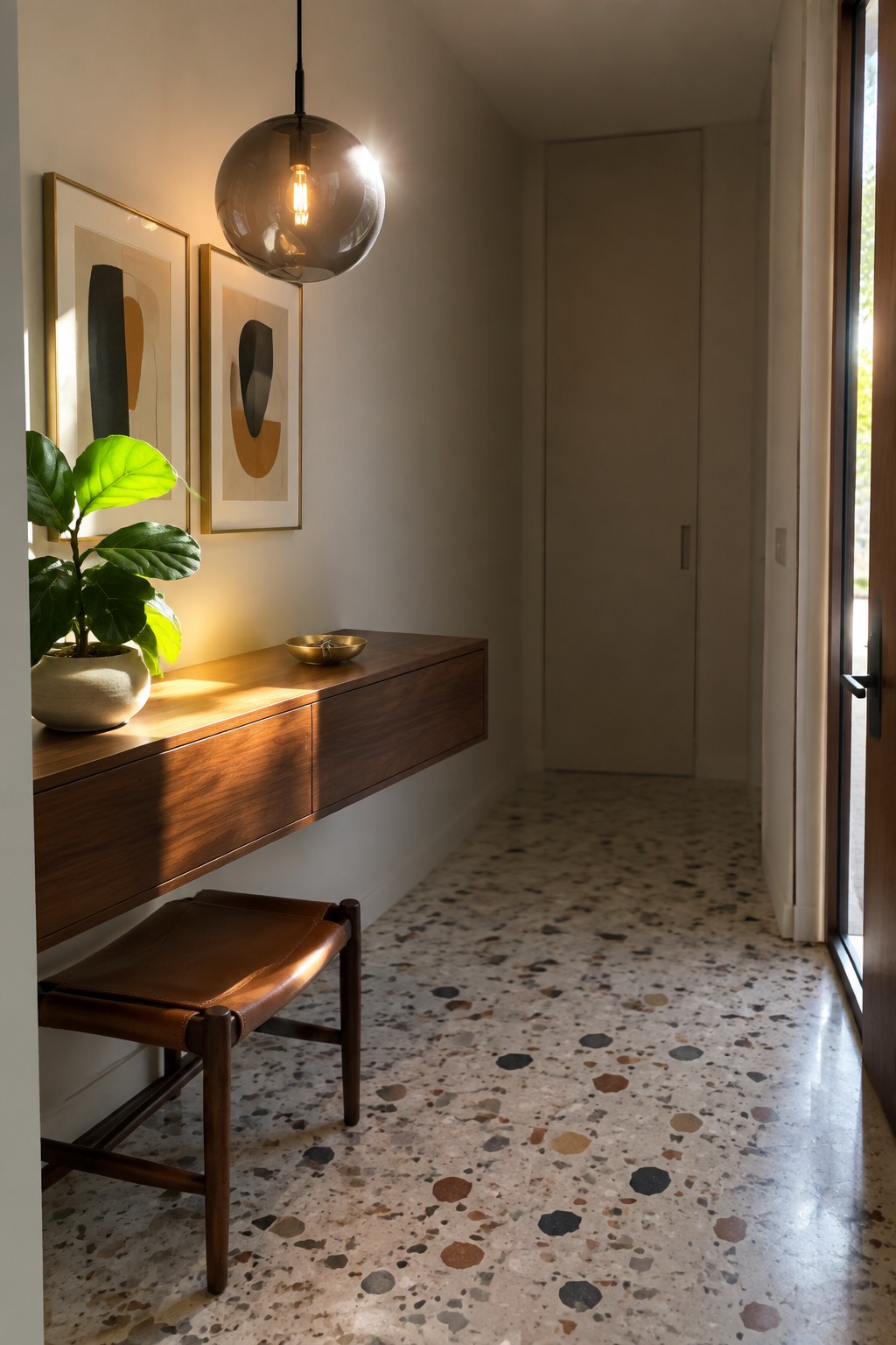 A narrow interior hallway with a floating wood console table, leather stool, potted plant, two framed artworks, a large glass pendant light, and terrazzo flooring.
