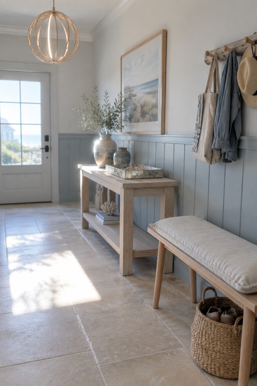 A home entryway with a spherical open-frame pendant light above a wooden console table, a cushioned bench, and a woven basket on a tiled floor.
