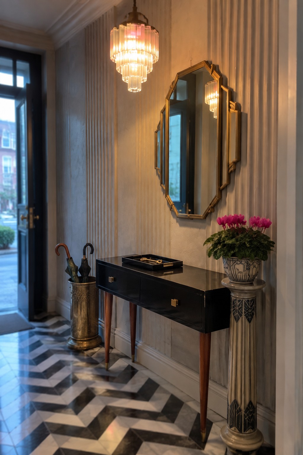 Elegant foyer with black console table, gold octagonal mirror, chandelier, and pink flowers.