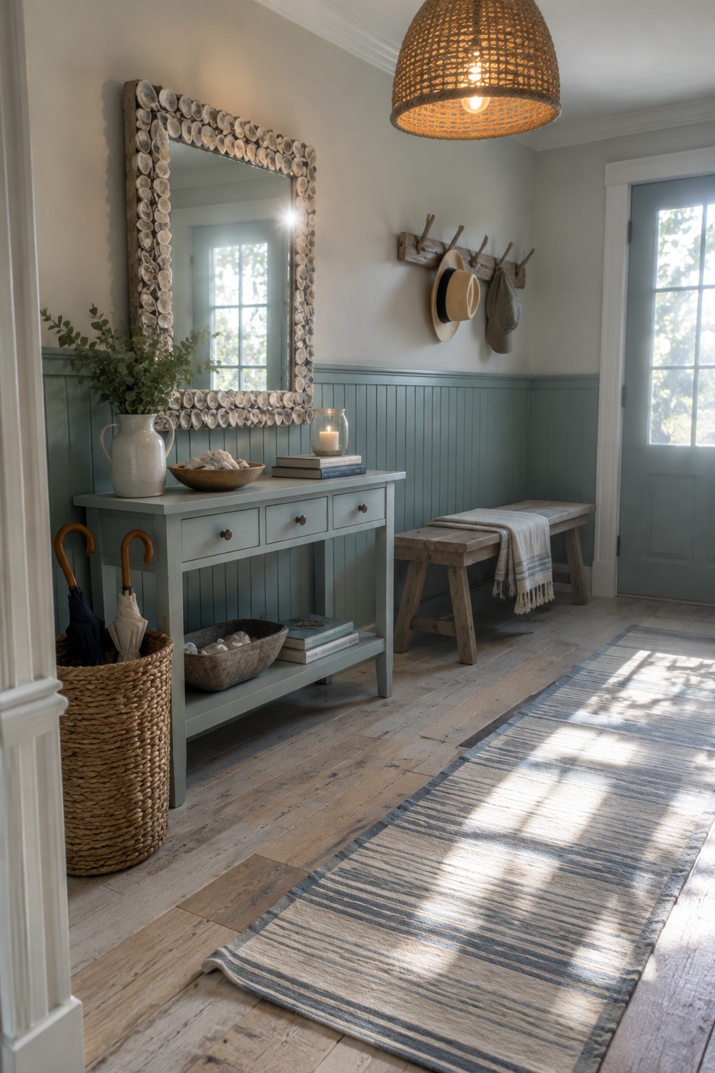 A narrow entryway featuring a sage green console table beneath a large woven pendant light, a shell-framed mirror, a wooden bench, and a striped runner on light wood flooring.