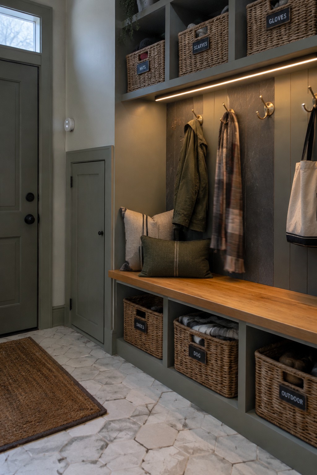 A gray mudroom with a built-in bench, wooden top, wicker storage baskets, coat hooks, and an LED light strip under the upper shelves.