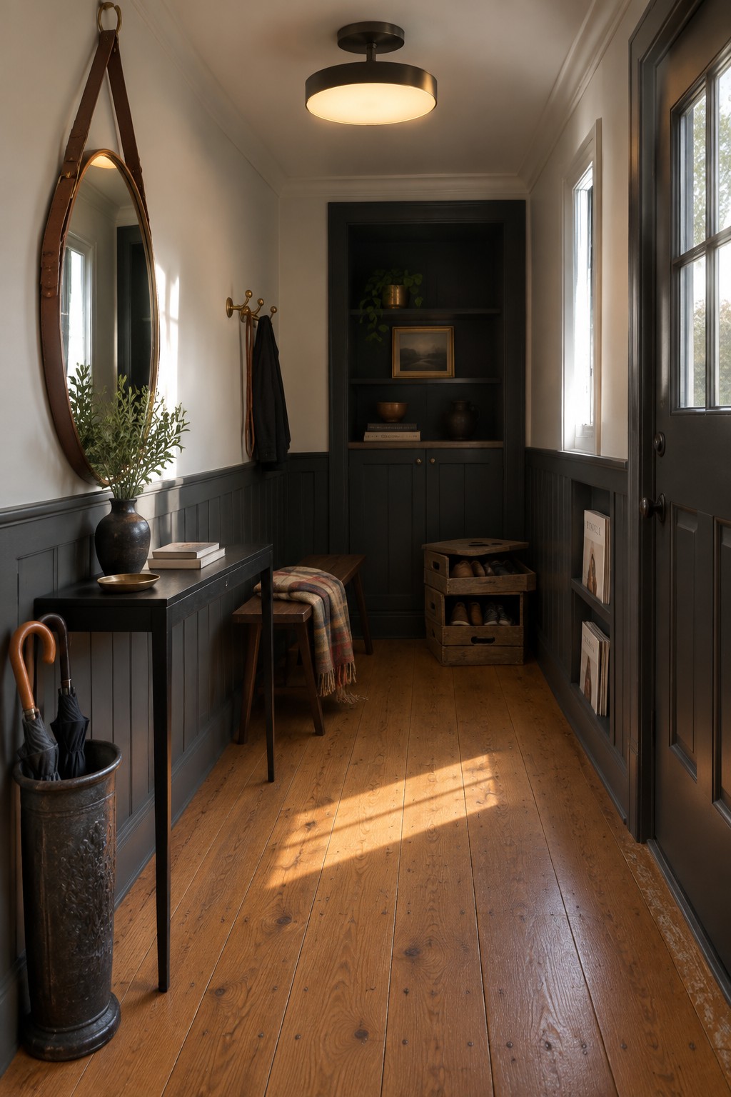 A narrow interior entryway with dark wainscoting, light wood floors, a round ceiling light fixture, a console table with mirror on the left, and built-in shelves at the far end.