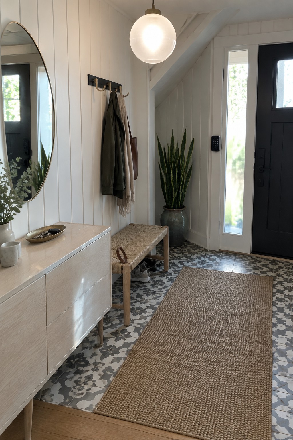 A small entryway with white vertical paneling, a spherical pendant light, light wood console table, woven bench, coat hooks, potted snake plant, patterned tile floor, and black front door.