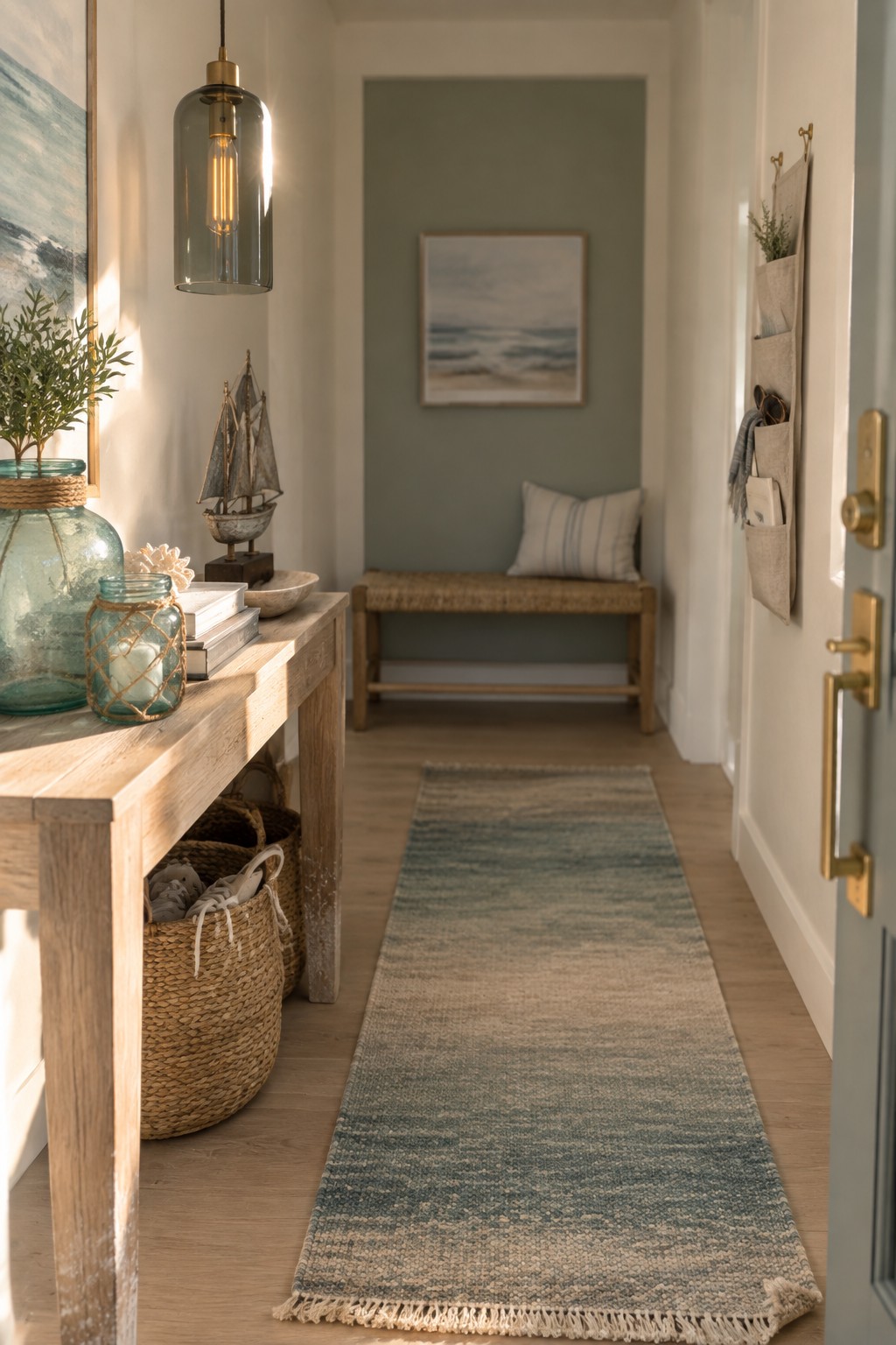 A narrow home entry hallway featuring a wooden console table with storage baskets below, a hanging glass pendant light, a long blue-green runner rug, and a woven bench against a sage green wall at the far end.