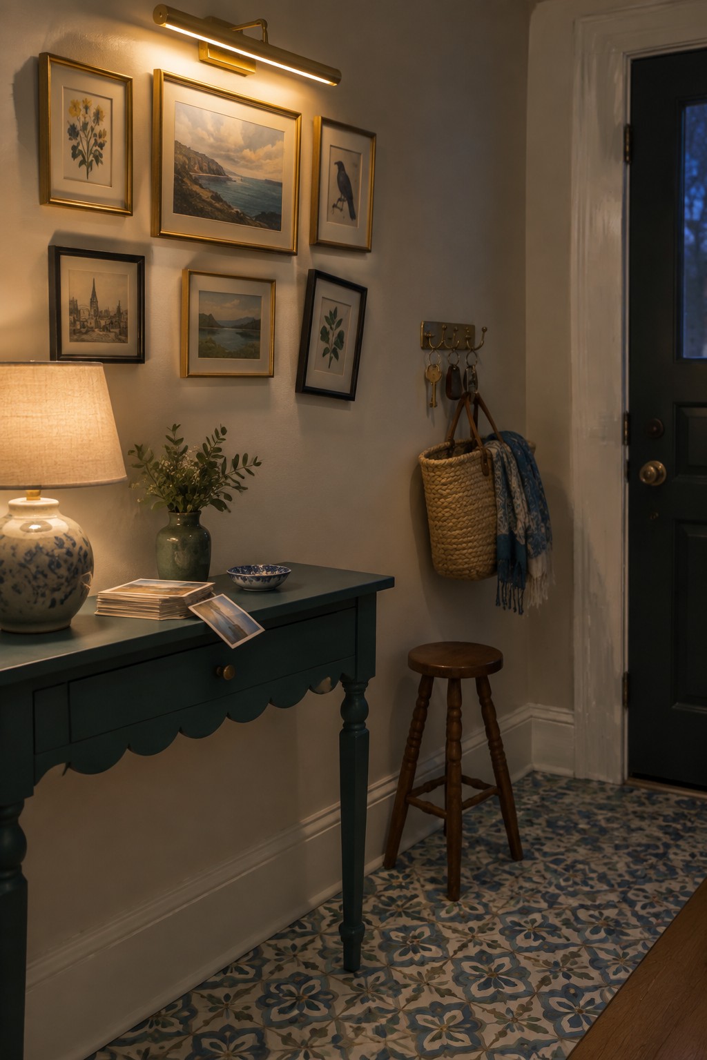 Cozy entryway with teal console table, framed art gallery wall, wooden stool, and patterned floor.