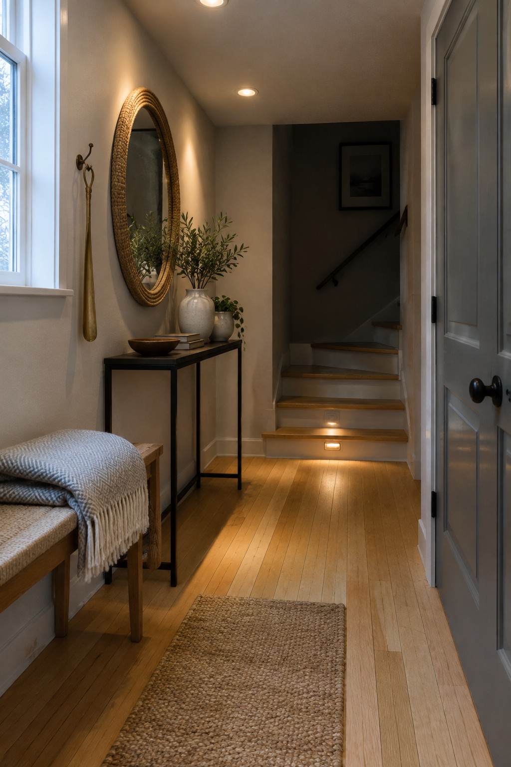 Cozy hallway with bench, console table, round mirror, jute rug, and lit stairs