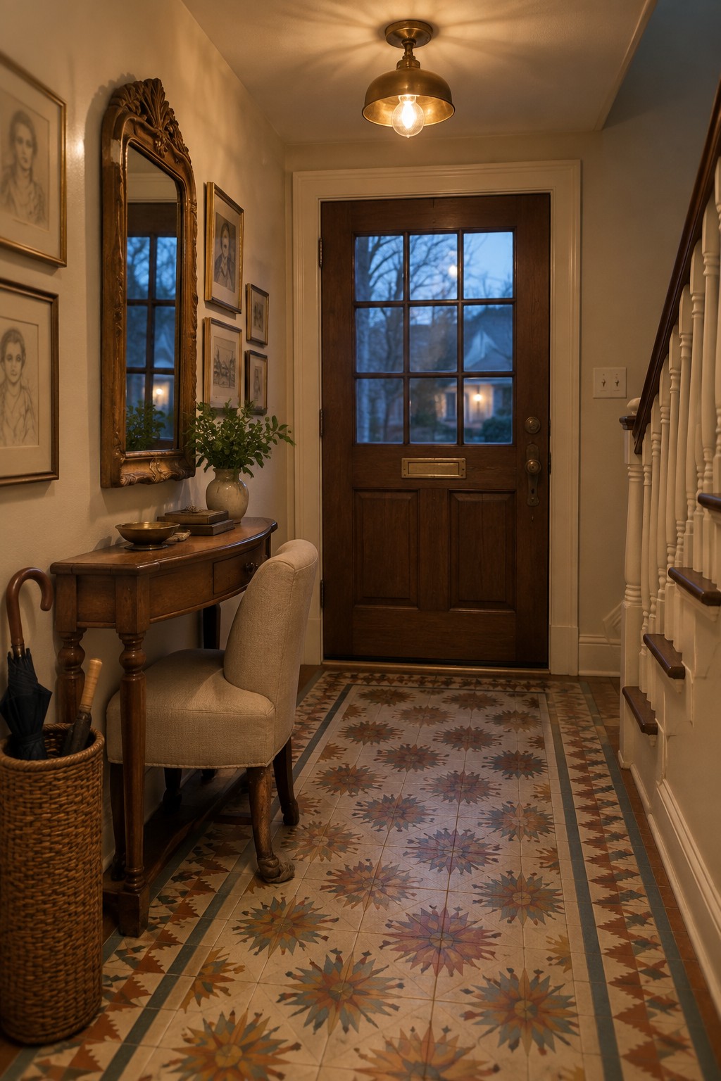 A narrow home entryway with a wooden front door, patterned tile floor, console table, upholstered chair, and a brass dome ceiling light.